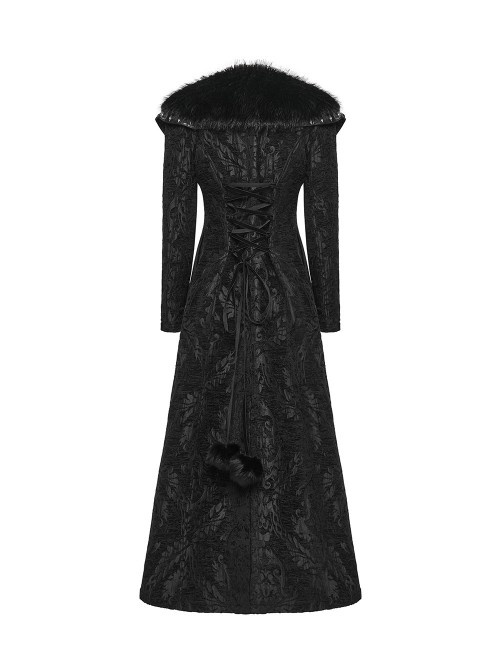 Black Jacquard Gorgeous Plush Integrated Collar Elegant Cinching-Waist Long Sleeves Gothic Style Long Coat