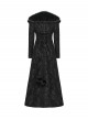 Black Jacquard Gorgeous Plush Integrated Collar Elegant Cinching-Waist Long Sleeves Gothic Style Long Coat