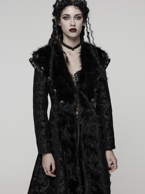Black Jacquard Gorgeous Plush Integrated Collar Elegant Cinching-Waist Long Sleeves Gothic Style Long Coat