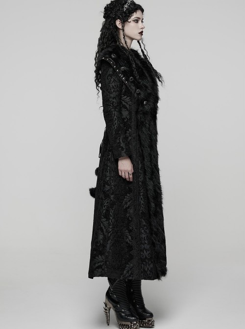 Black Jacquard Gorgeous Plush Integrated Collar Elegant Cinching-Waist Long Sleeves Gothic Style Long Coat