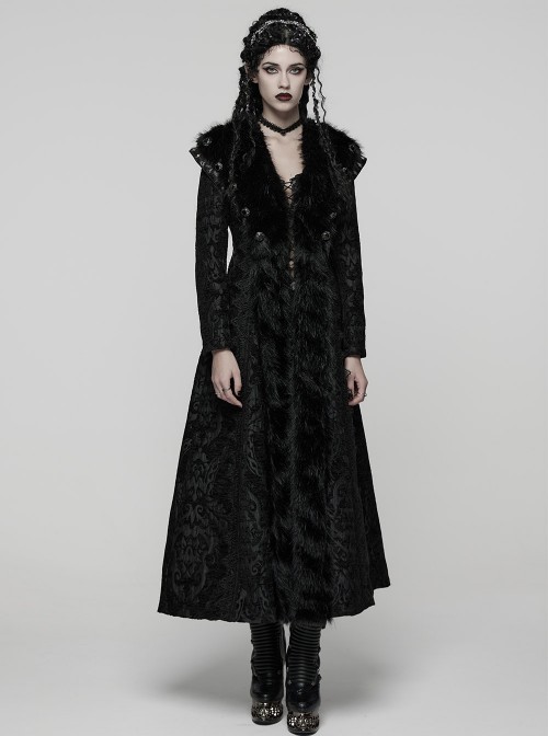 Black Jacquard Gorgeous Plush Integrated Collar Elegant Cinching-Waist Long Sleeves Gothic Style Long Coat