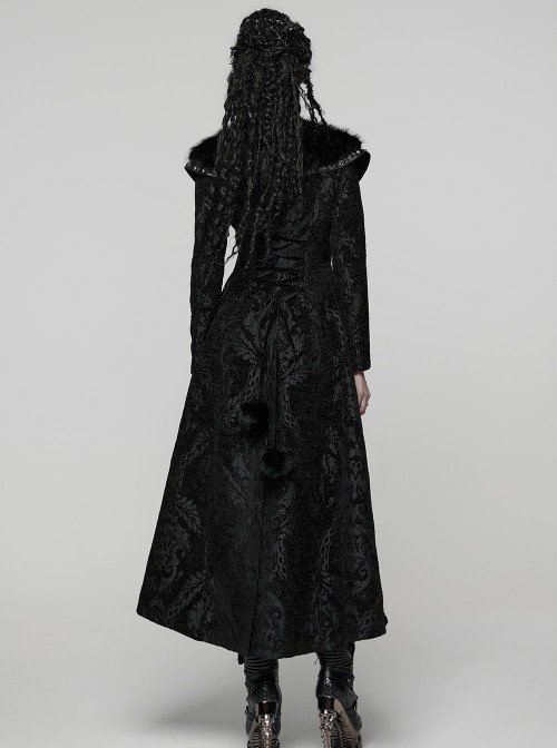 Black Jacquard Gorgeous Plush Integrated Collar Elegant Cinching-Waist Long Sleeves Gothic Style Long Coat