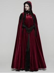 Red Velvet Black Lace Edge Embroidery Tassel Exquisite Appliques Gemstones Elegance Gothic Style Hooded Cloak