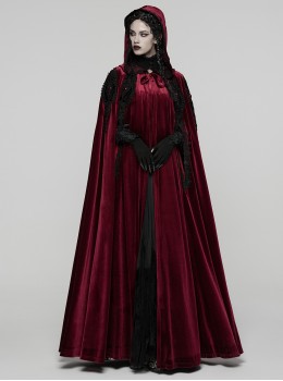Red Velvet Black Lace Edge Embroidery Tassel Exquisite Appliques Gemstones Elegance Gothic Style Hooded Cloak