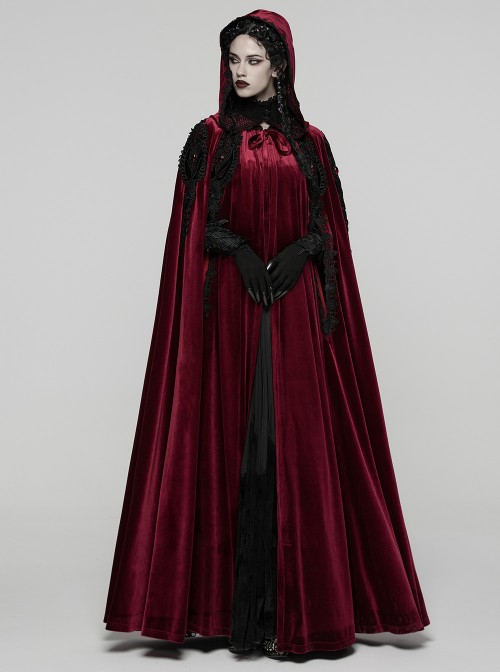 Red Velvet Black Lace Edge Embroidery Tassel Exquisite Appliques Gemstones Elegance Gothic Style Hooded Cloak