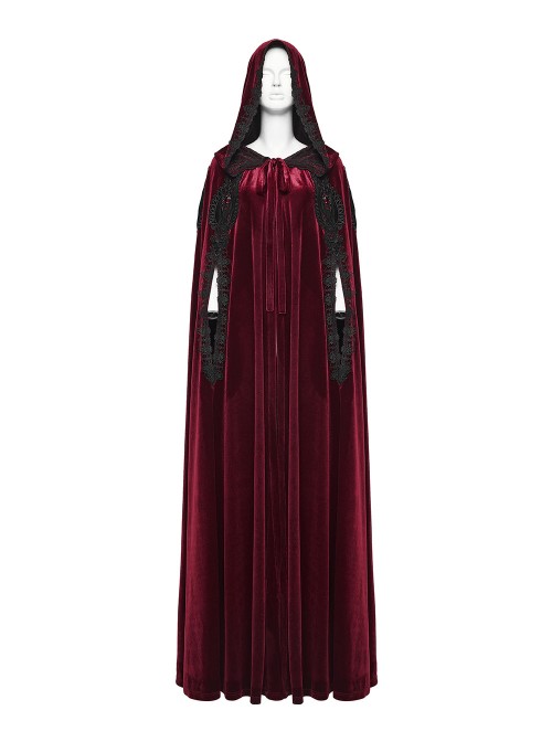 Red Velvet Black Lace Edge Embroidery Tassel Exquisite Appliques Gemstones Elegance Gothic Style Hooded Cloak