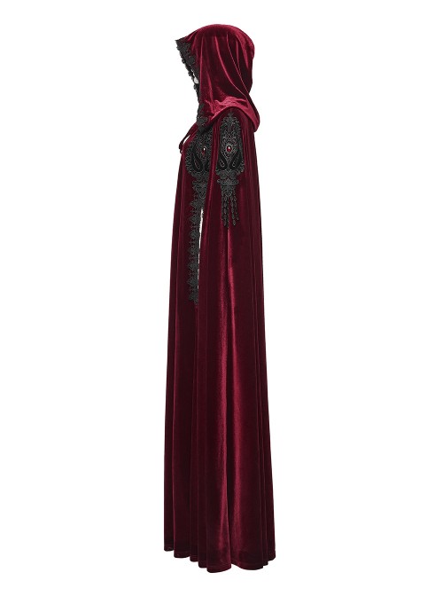 Red Velvet Black Lace Edge Embroidery Tassel Exquisite Appliques Gemstones Elegance Gothic Style Hooded Cloak