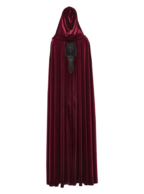 Red Velvet Black Lace Edge Embroidery Tassel Exquisite Appliques Gemstones Elegance Gothic Style Hooded Cloak