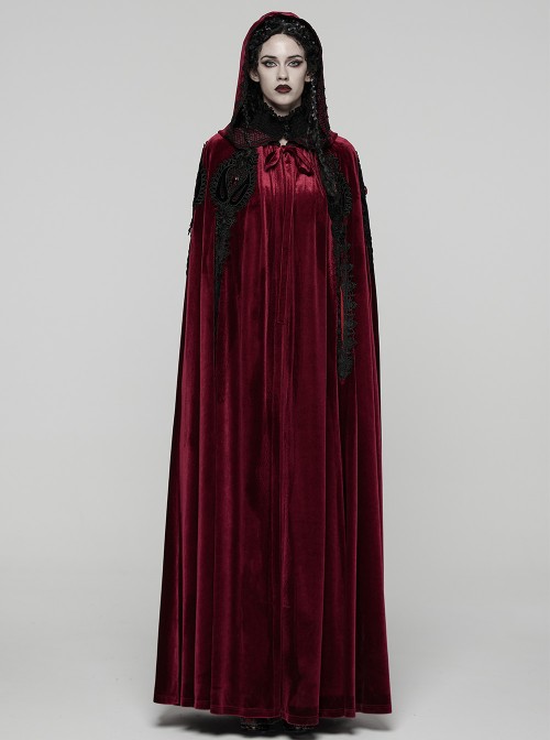 Red Velvet Black Lace Edge Embroidery Tassel Exquisite Appliques Gemstones Elegance Gothic Style Hooded Cloak