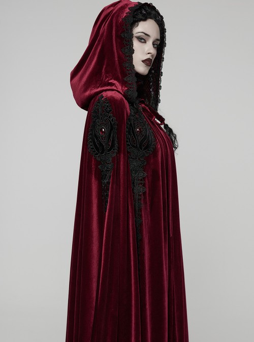 Red Velvet Black Lace Edge Embroidery Tassel Exquisite Appliques Gemstones Elegance Gothic Style Hooded Cloak