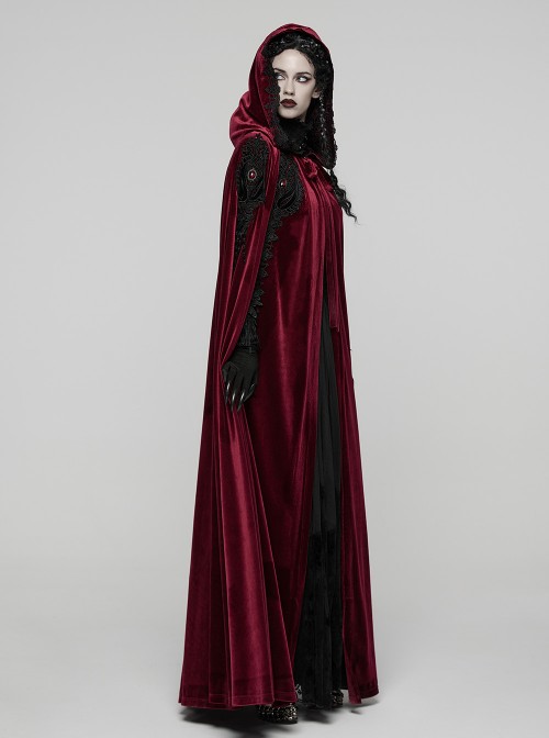Red Velvet Black Lace Edge Embroidery Tassel Exquisite Appliques Gemstones Elegance Gothic Style Hooded Cloak