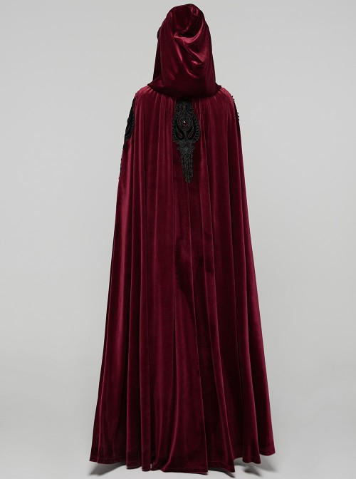 Red Velvet Black Lace Edge Embroidery Tassel Exquisite Appliques Gemstones Elegance Gothic Style Hooded Cloak