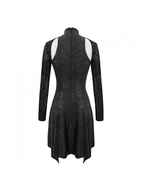 Cracked Knit Flocked Printed Mesh Long Sleeve High Collar Pointed Hem Black Punk Dress