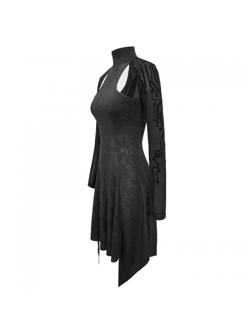 Cracked Knit Flocked Printed Mesh Long Sleeve High Collar Pointed Hem Black Punk Dress