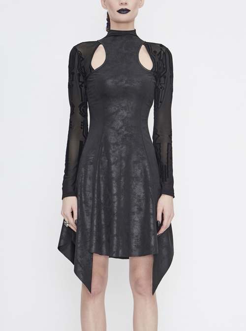 Cracked Knit Flocked Printed Mesh Long Sleeve High Collar Pointed Hem Black Punk Dress
