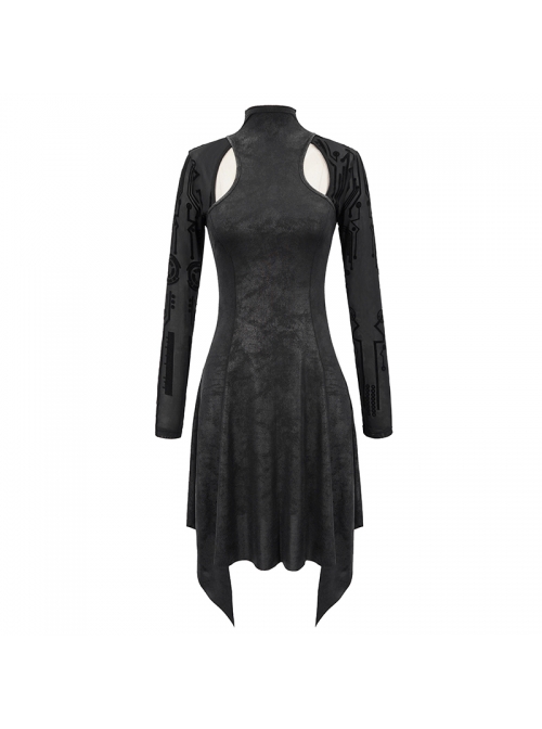 Cracked Knit Flocked Printed Mesh Long Sleeve High Collar Pointed Hem Black Punk Dress