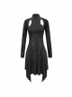 Cracked Knit Flocked Printed Mesh Long Sleeve High Collar Pointed Hem Black Punk Dress