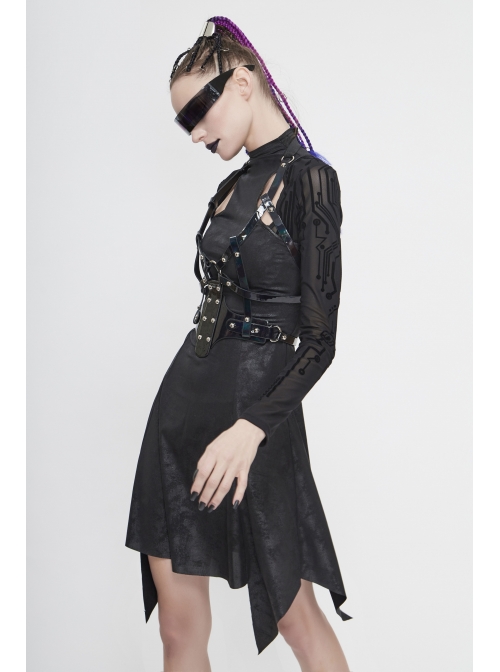 Cracked Knit Flocked Printed Mesh Long Sleeve High Collar Pointed Hem Black Punk Dress