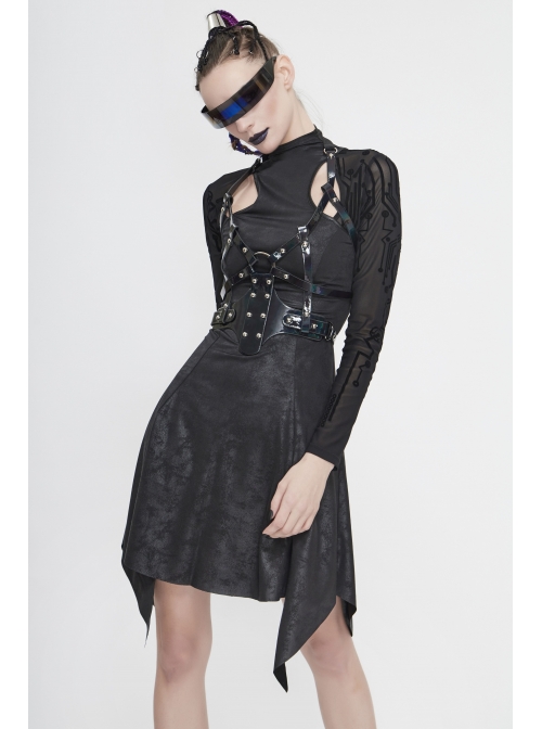 Cracked Knit Flocked Printed Mesh Long Sleeve High Collar Pointed Hem Black Punk Dress