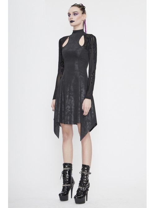 Cracked Knit Flocked Printed Mesh Long Sleeve High Collar Pointed Hem Black Punk Dress