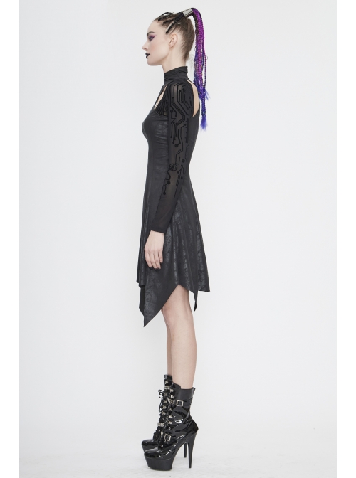 Cracked Knit Flocked Printed Mesh Long Sleeve High Collar Pointed Hem Black Punk Dress