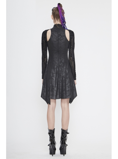 Cracked Knit Flocked Printed Mesh Long Sleeve High Collar Pointed Hem Black Punk Dress