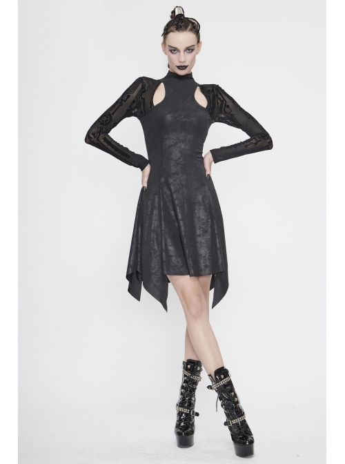 Cracked Knit Flocked Printed Mesh Long Sleeve High Collar Pointed Hem Black Punk Dress