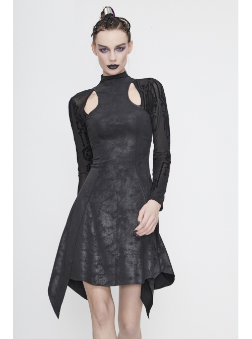 Cracked Knit Flocked Printed Mesh Long Sleeve High Collar Pointed Hem Black Punk Dress
