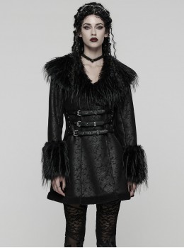 Black Warm Plush-Leather Integrated Elegant Long Plush Collar Cuffs  Waist Adjustable Buckle Straps Gothic Style Coat