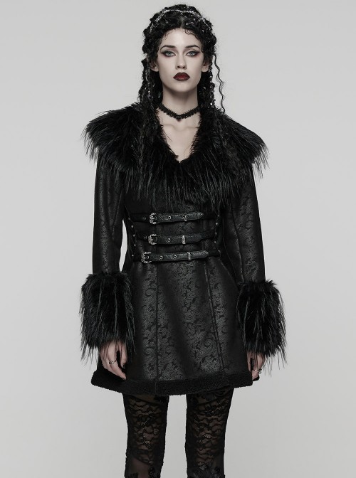 Black Warm Plush-Leather Integrated Elegant Long Plush Collar Cuffs  Waist Adjustable Buckle Straps Gothic Style Coat
