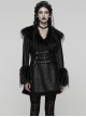 Black Warm Plush-Leather Integrated Elegant Long Plush Collar Cuffs  Waist Adjustable Buckle Straps Gothic Style Coat