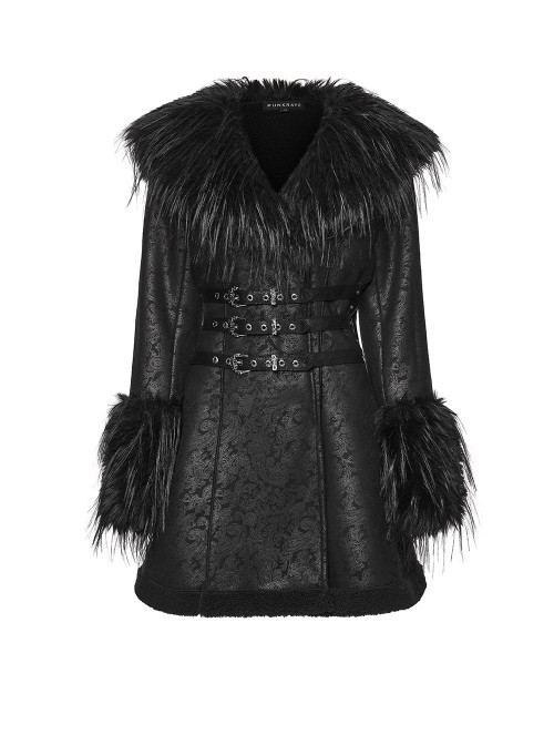 Black Warm Plush-Leather Integrated Elegant Long Plush Collar Cuffs  Waist Adjustable Buckle Straps Gothic Style Coat