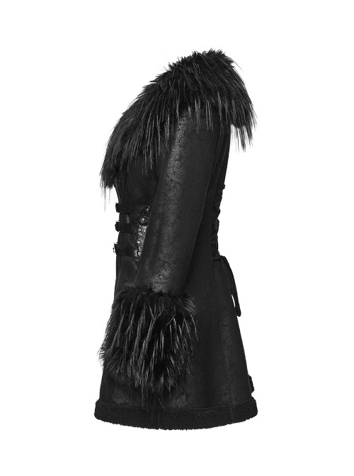 Black Warm Plush-Leather Integrated Elegant Long Plush Collar Cuffs  Waist Adjustable Buckle Straps Gothic Style Coat
