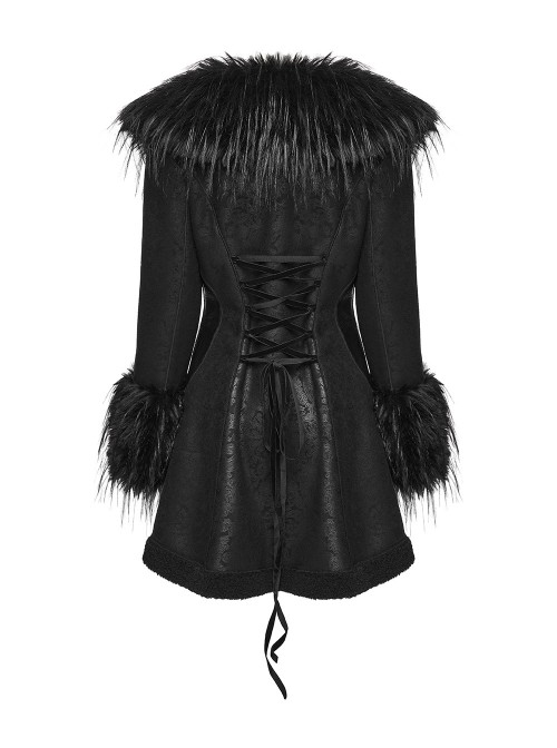 Black Warm Plush-Leather Integrated Elegant Long Plush Collar Cuffs  Waist Adjustable Buckle Straps Gothic Style Coat