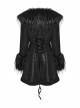 Black Warm Plush-Leather Integrated Elegant Long Plush Collar Cuffs  Waist Adjustable Buckle Straps Gothic Style Coat