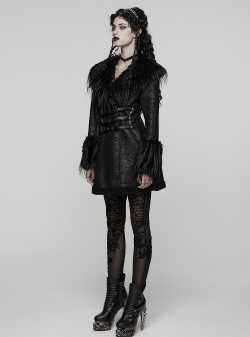 Black Warm Plush-Leather Integrated Elegant Long Plush Collar Cuffs  Waist Adjustable Buckle Straps Gothic Style Coat