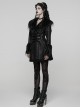 Black Warm Plush-Leather Integrated Elegant Long Plush Collar Cuffs  Waist Adjustable Buckle Straps Gothic Style Coat