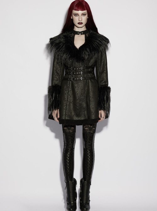 Black Warm Plush-Leather Integrated Elegant Long Plush Collar Cuffs  Waist Adjustable Buckle Straps Gothic Style Coat