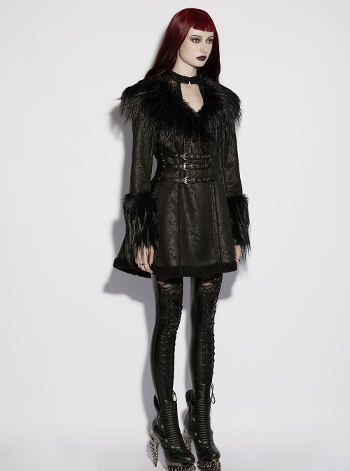 Black Warm Plush-Leather Integrated Elegant Long Plush Collar Cuffs  Waist Adjustable Buckle Straps Gothic Style Coat