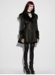 Black Warm Plush-Leather Integrated Elegant Long Plush Collar Cuffs  Waist Adjustable Buckle Straps Gothic Style Coat