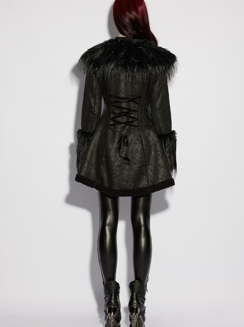 Black Warm Plush-Leather Integrated Elegant Long Plush Collar Cuffs  Waist Adjustable Buckle Straps Gothic Style Coat