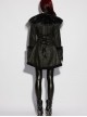 Black Warm Plush-Leather Integrated Elegant Long Plush Collar Cuffs  Waist Adjustable Buckle Straps Gothic Style Coat
