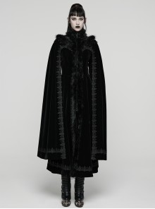 Black Weft Velveteen Plush Stand Collar Shoulders Gorgeous Tassel Bead Chains Gothic Style Long Cloak-Style Coat