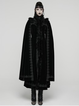 Black Weft Velveteen Plush Stand Collar Shoulders Gorgeous Tassel Bead Chains Gothic Style Long Cloak-Style Coat