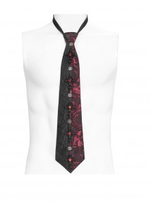 Black Burgundy Rose Jacquard Spliced Design Cross Rivets Crosses Ornament Zipper Wearing Elegant Gothic Style Men's Tie