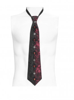 Black Burgundy Rose Jacquard Spliced Design Cross Rivets Crosses Ornament Zipper Wearing Elegant Gothic Style Men's Tie
