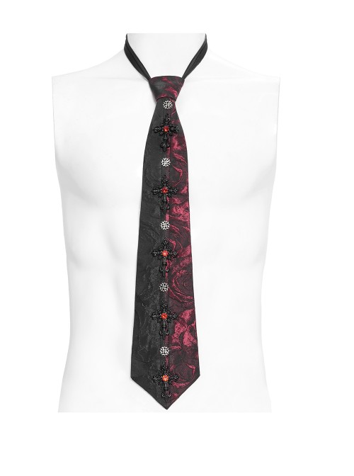 Black Burgundy Rose Jacquard Spliced Design Cross Rivets Crosses Ornament Zipper Wearing Elegant Gothic Style Men's Tie