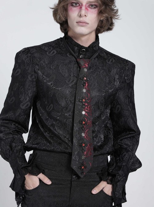 Black Burgundy Rose Jacquard Spliced Design Cross Rivets Crosses Ornament Zipper Wearing Elegant Gothic Style Men's Tie