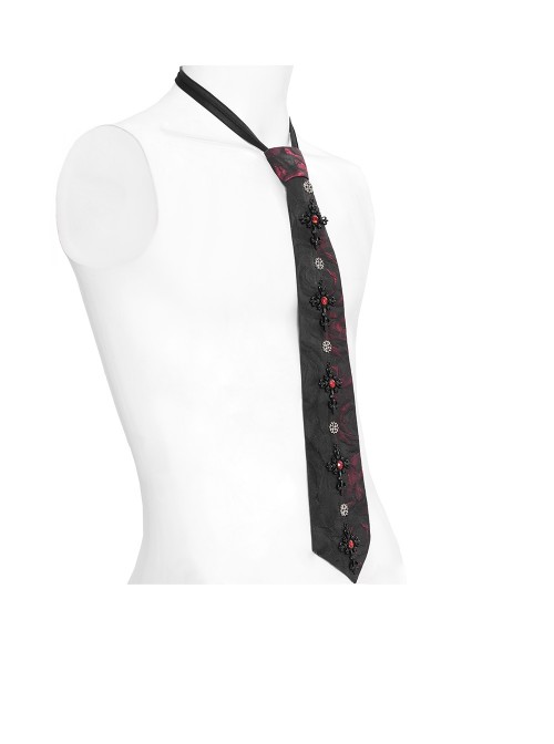 Black Burgundy Rose Jacquard Spliced Design Cross Rivets Crosses Ornament Zipper Wearing Elegant Gothic Style Men's Tie