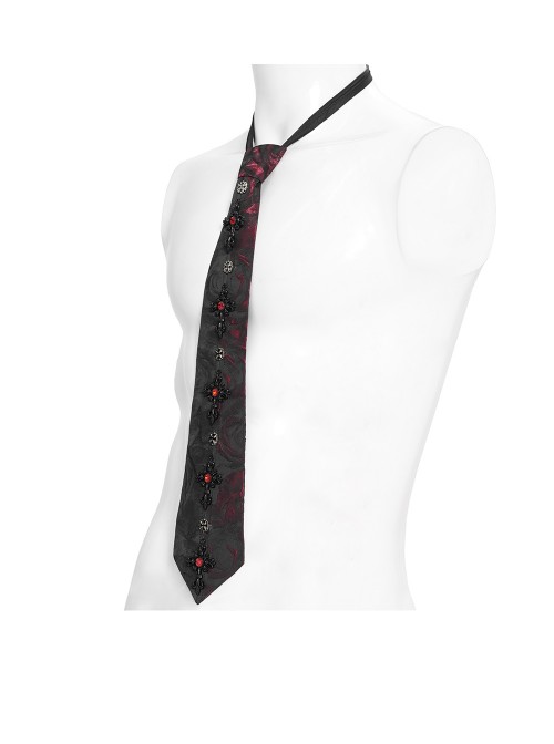 Black Burgundy Rose Jacquard Spliced Design Cross Rivets Crosses Ornament Zipper Wearing Elegant Gothic Style Men's Tie